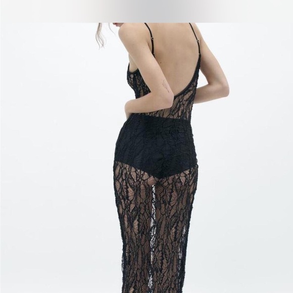 Zara Elegant Sheer Black Lace Maxi Slip Dress Lingerie Valentines Size S - Picture 2 of 16